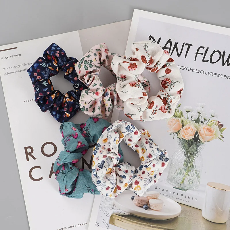 

1/5PCS Printed Floral Hair Ties Flower Scrunchies Women Vintage Elastic Hairband Hair Rope Girl Hair Accessories Headwear