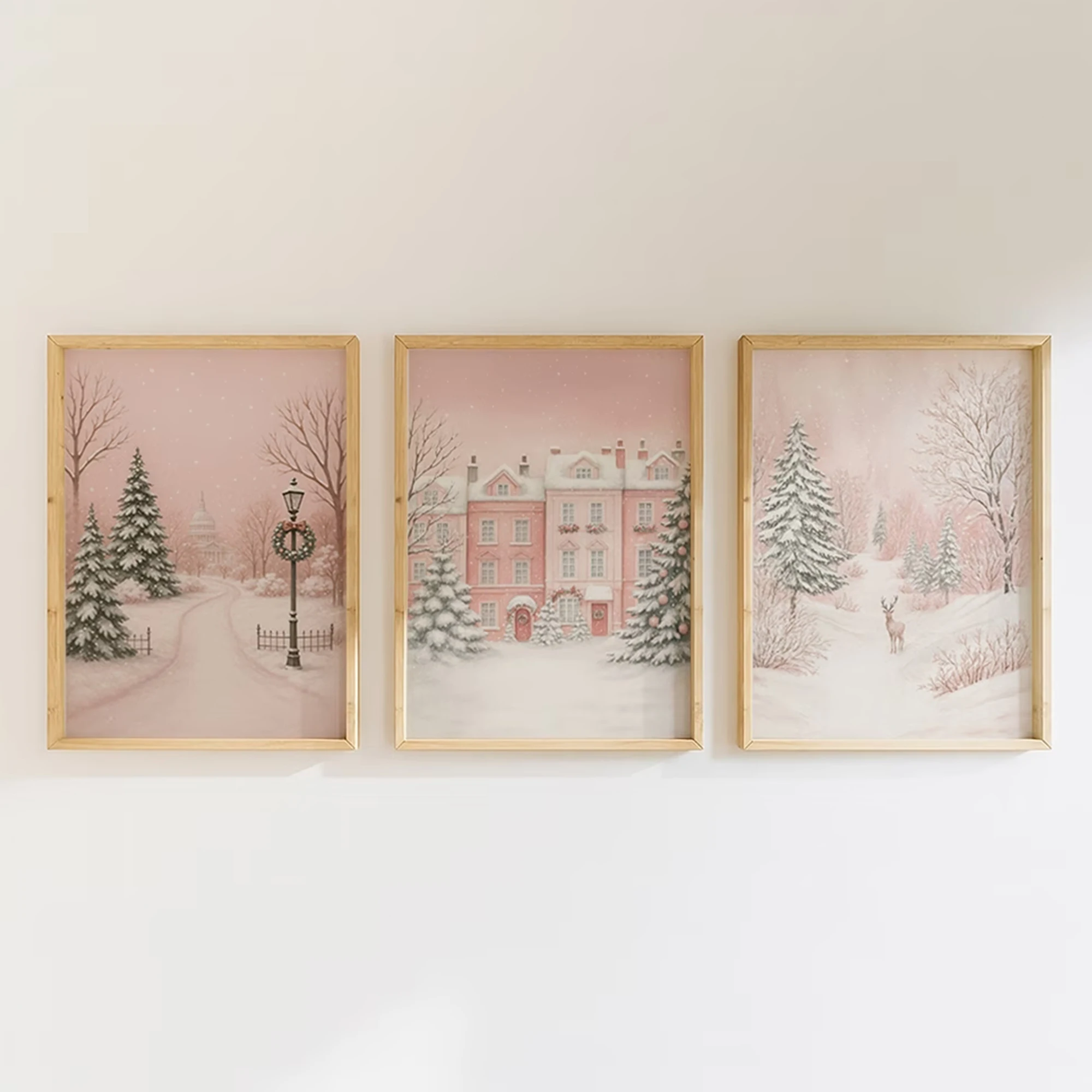 3pcs Retro Christmas Pink Evening Snow Scene Wall Art Print Canvas Painting Poster Picture For Living Room,Bedroom Home Decor
