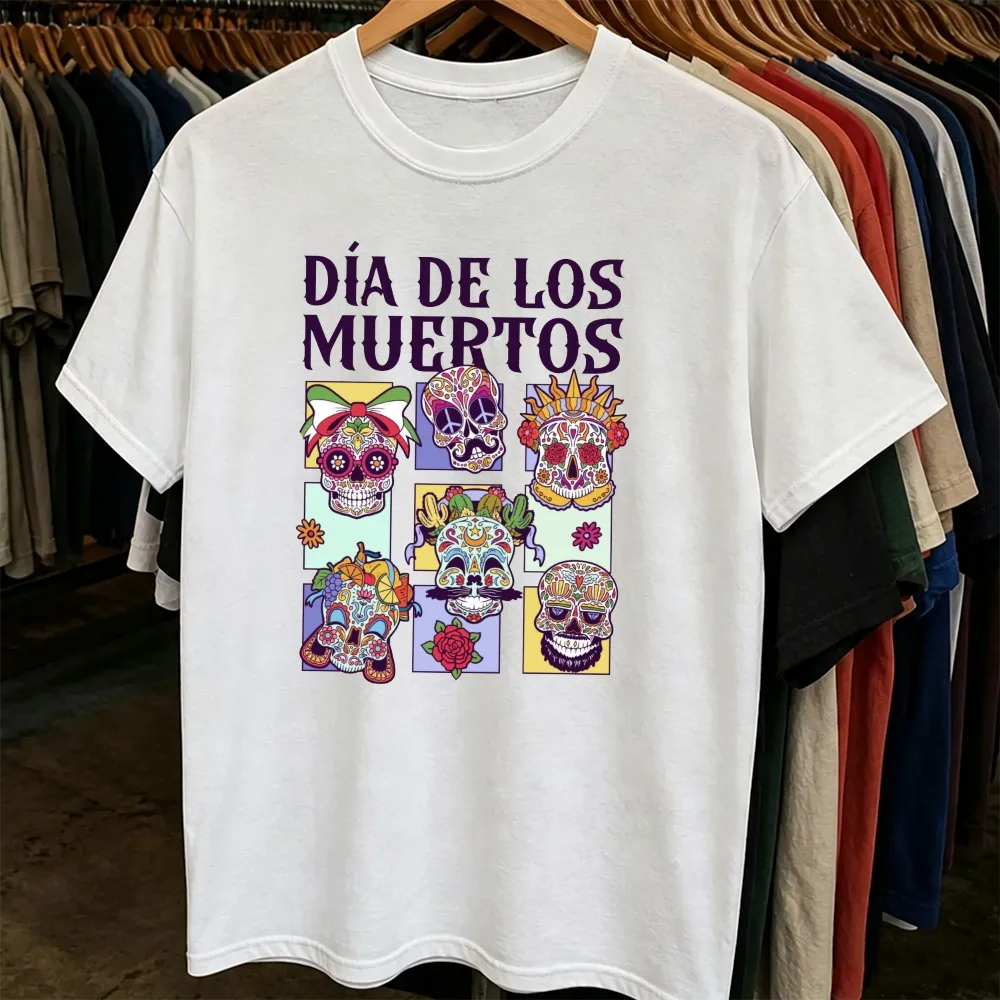 Mexican Halloween Party T Shirt Unisex Soft Cotton Dia De Los Muertos Sugar Skull Collage Graphic Tee Short Sleeve Clothing