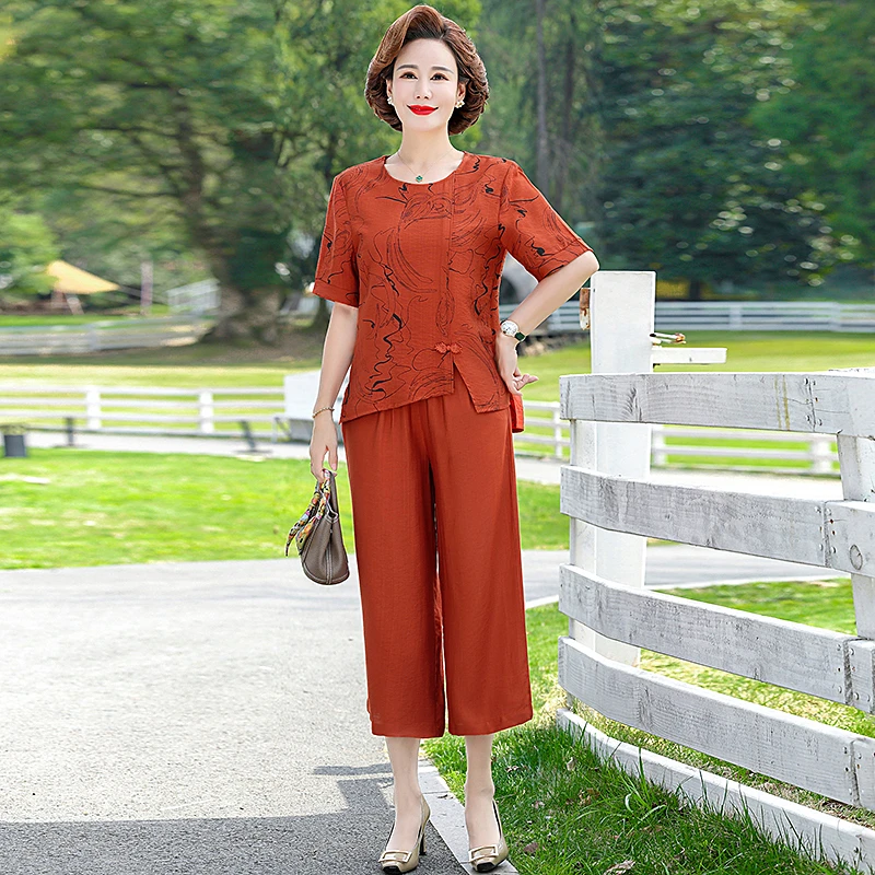 

Summer Sets Women Middle Aged Elderly Mother Cotton Suit Casual Print Short Sleeve Top + Pants 2 Piece Set Femme Outfit
