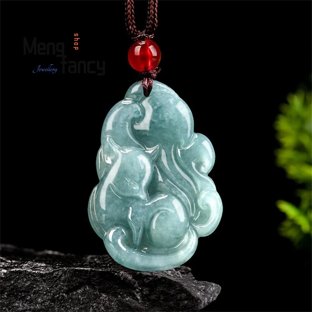 Genuine Natural A-goods Jadeite Blue Water Nine-tailed Fox Pendant Exquisite Mascots Luxury Quality Fashion Jewelry Holiday Gift