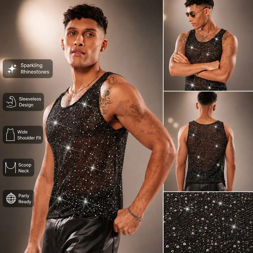 Rhinestone Embellished Men's Tank Top Polka Dot Wide Shoulder Straps Men's Vest Top Scoop Neck Glitter Pattern Party Tank Top