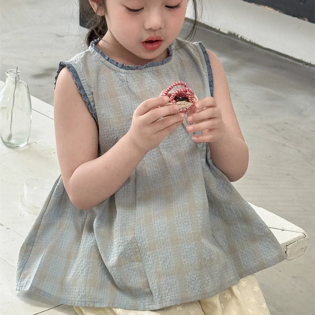 

Children Shirt 2025 Summer Korean Literature and Art Baby Girl's Blouse Cute Loose Plaid Doll Shirt Tops