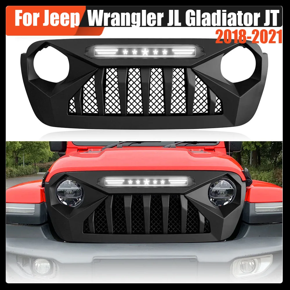 

Car Grills Modified Parts Front Bumper Racing Grille With Light LED Racing Grills For Jeep Wrangler JL Gladiator JT 2018-2021
