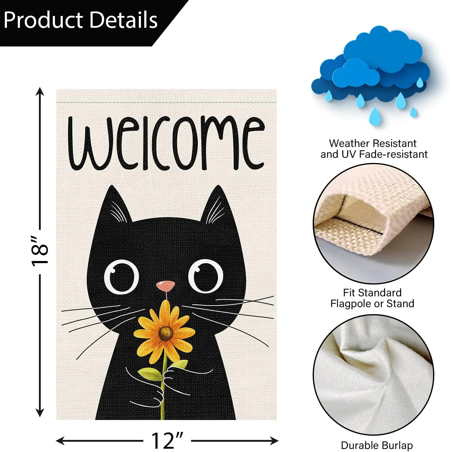 Louise Maelys Welcome Spring Summer Garden Flag Black Cat Floral Double Sided 12x18 Inch Daisy Flower Seasonal Small Burlap  EEZ
