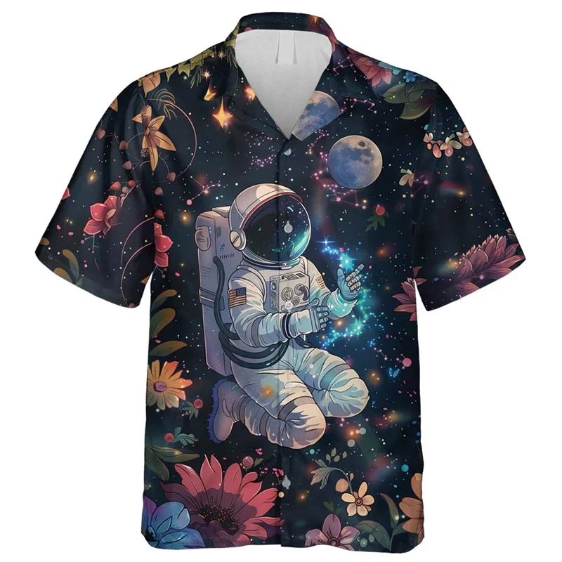 Astronaut Space Pattern Hawaiian Shirts For Men Balloon Planet 3D Printed Blouse Summer Oversized Aloha Shirts Short Sleeves Top