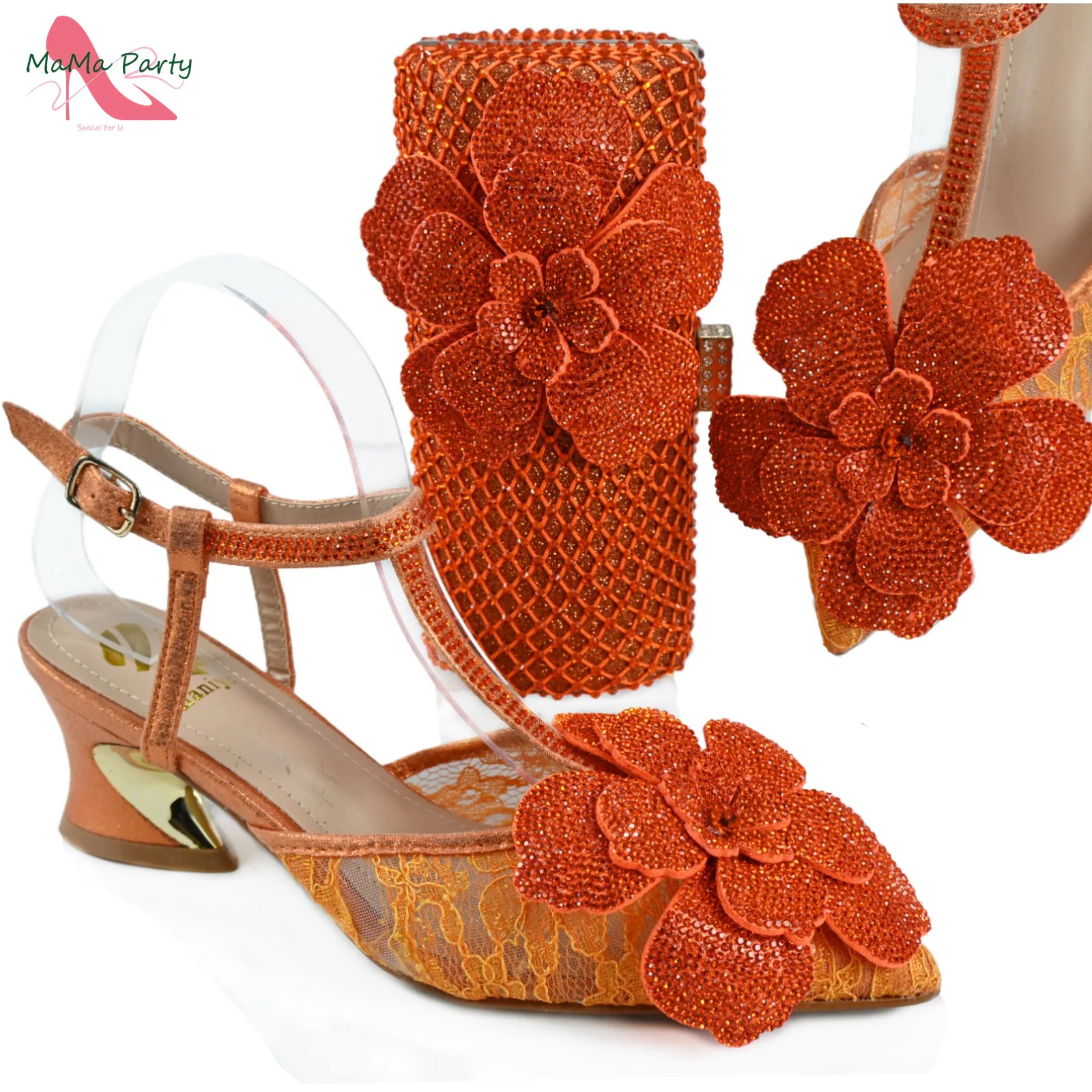 2025 Specials Design Italian Sexy Women Pointed Toe Shoes and Bag Set in Orange Color Full Crystal For Garden Party