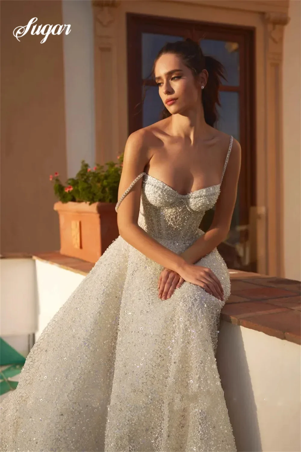 

Два бретеля Милая с открытыми плечами и блестками Свадебные платья трапециевидной формы с открытой спиной на заказ 2026 Vestido De Noiva