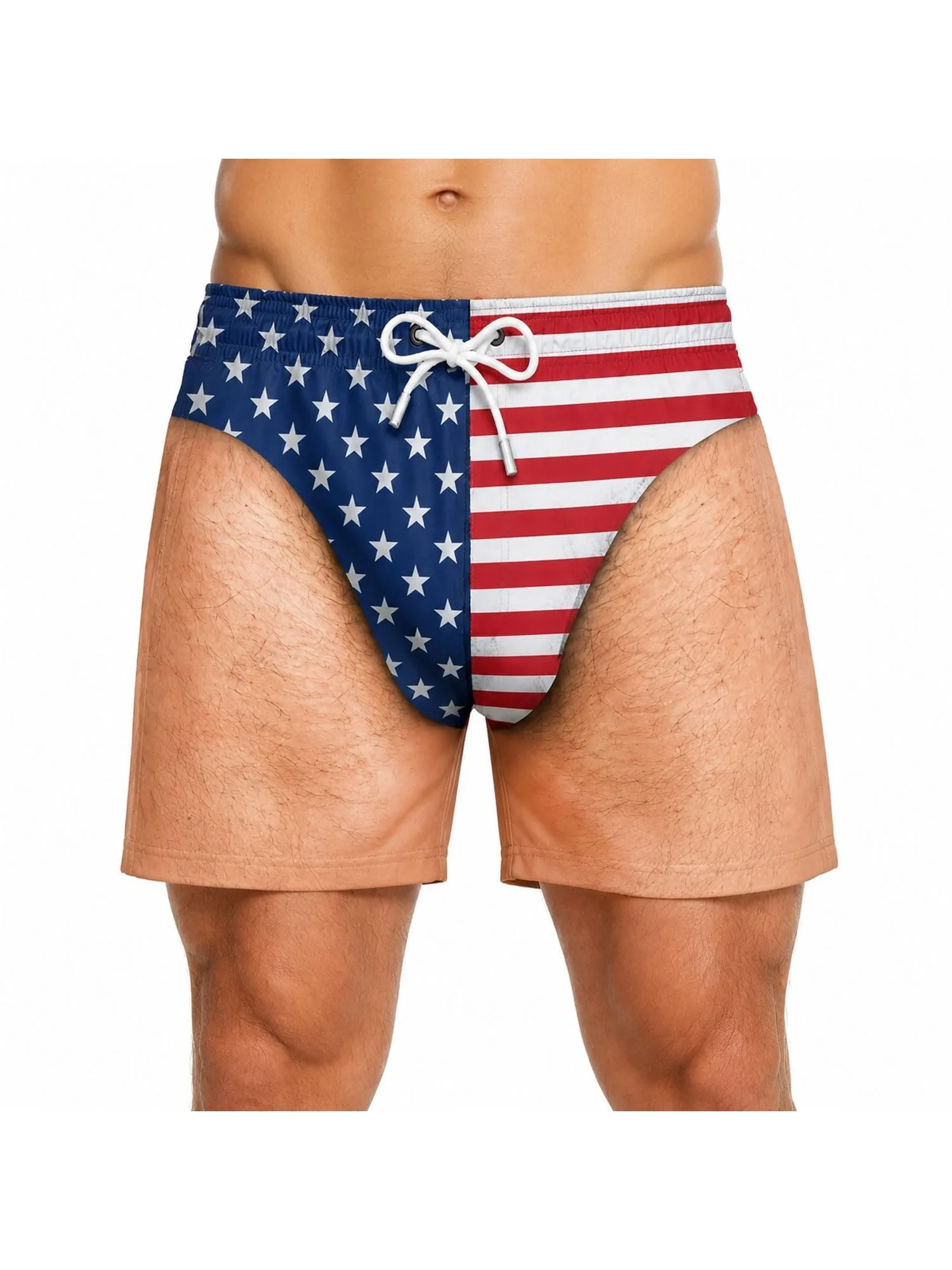 Funny simulation human leg print beach pants for men, American flag creative parody, quick drying swim pants, fun shorts