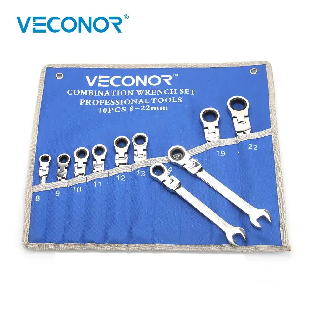 10Pcs Ratchet Wrench Set 8-22mm 72T Ratcheting Flexible Head Mirror Polish Spanner