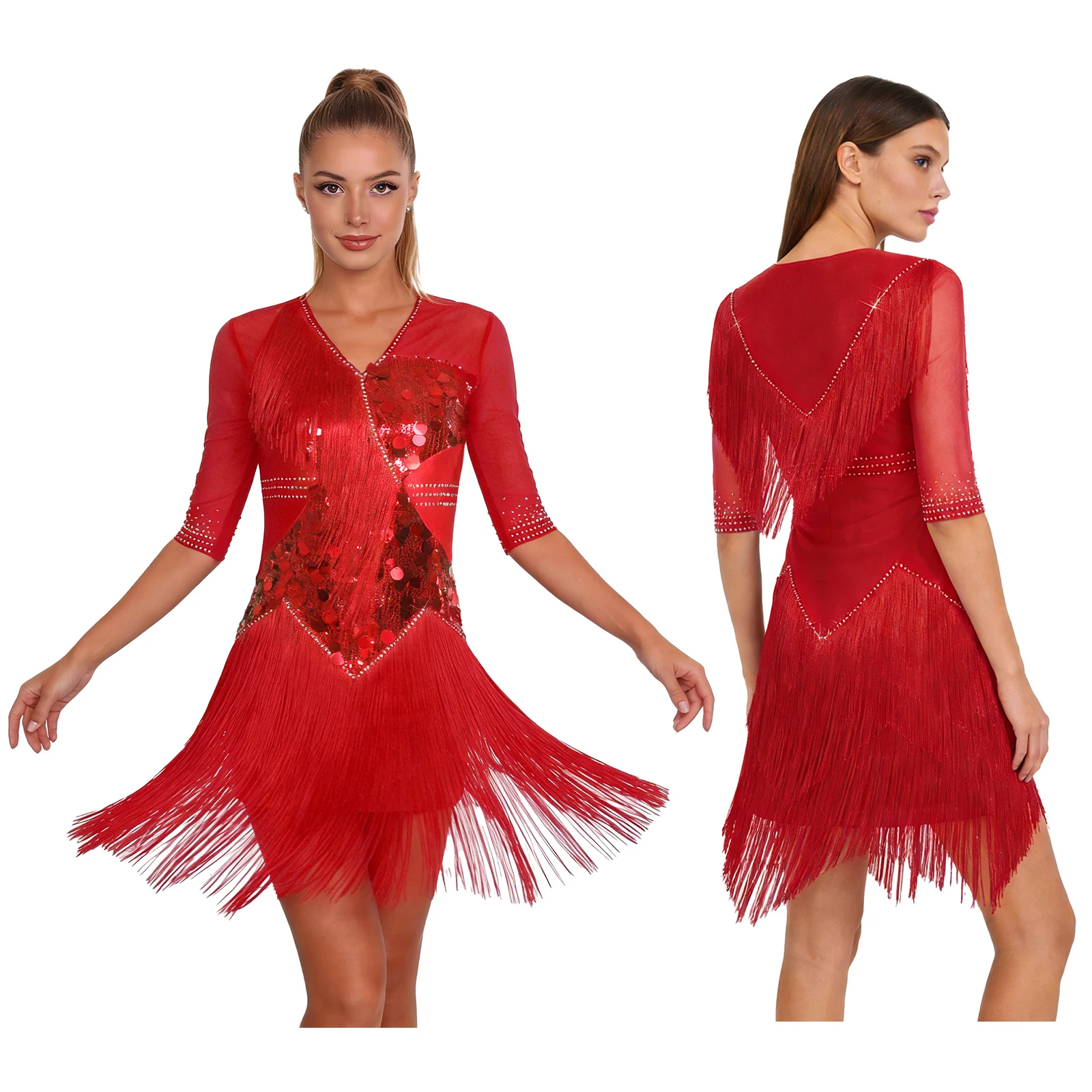 Damska sukienka do tańca latynoamerykańskiego cha-cha, baletowa, z dżerseju, z dżetami, warstwowa, z frędzlami, z rękawami do połowy ramienia, błyszcząca, z cekinami, strój do tańca tango i salsy.