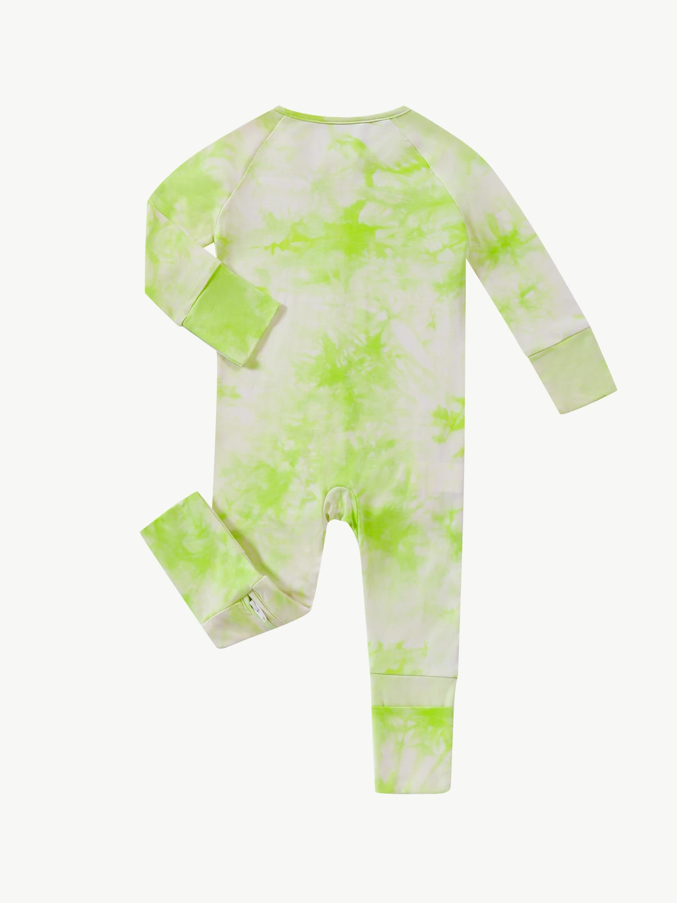 The baby romper of bamboo fiber, soft and thin.  green tie-dye (random), casual, with reversible foot covers & double zippers