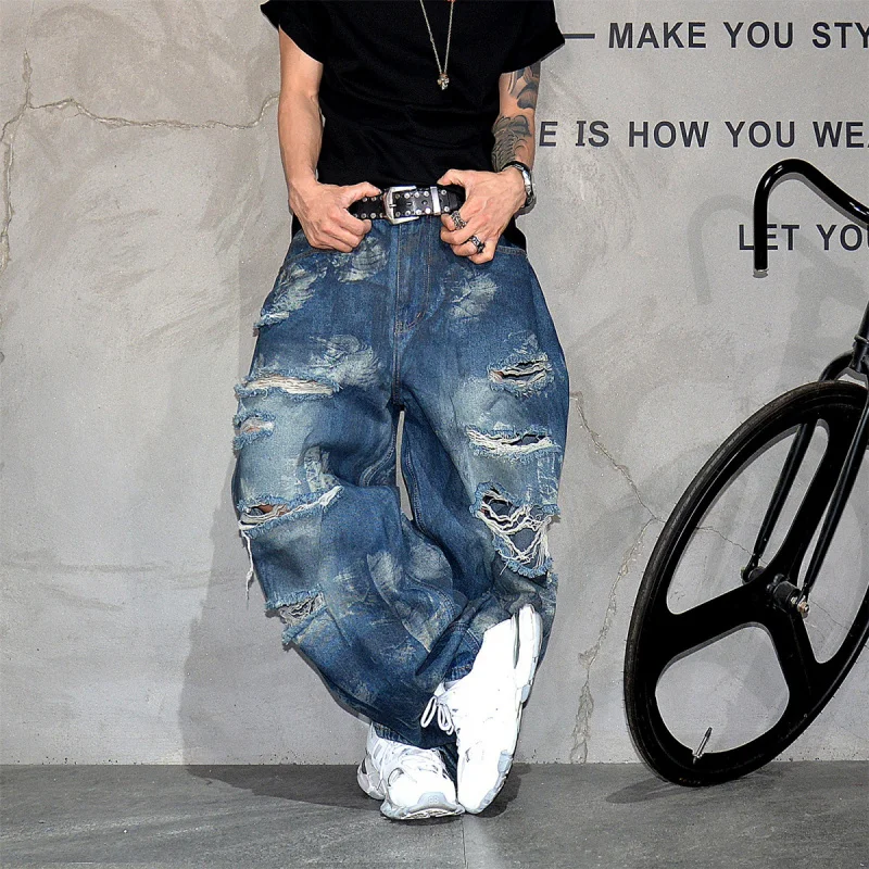 Street Fashion Heavy Destroyed Baggy Jeans Men, Wasteland Dirty Wash Loose Wide Leg Trousers