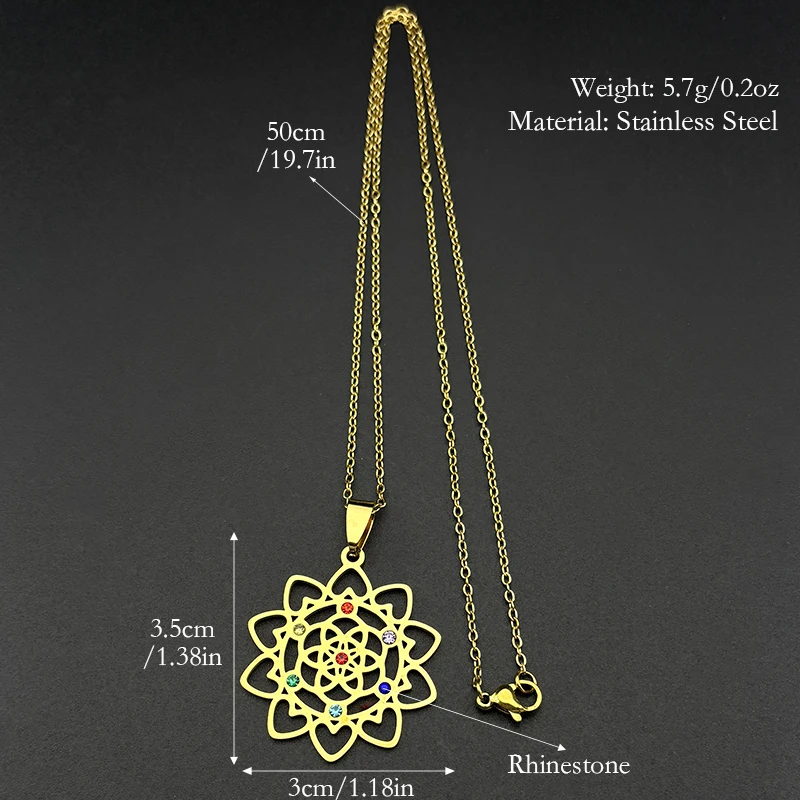 Sacred Geometry 7 Chakra Metatron Heart Necklace Flower of Life Stainless Steel Opal Stone Necklace Reiki Healing Jewelry N6341