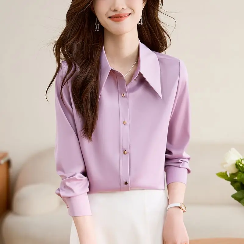 Spring Autumn Business Casual Interior Lapping Ladies Solid Color Women\'s Clothing Tops Office Lady Shirts Fashion New Blouses