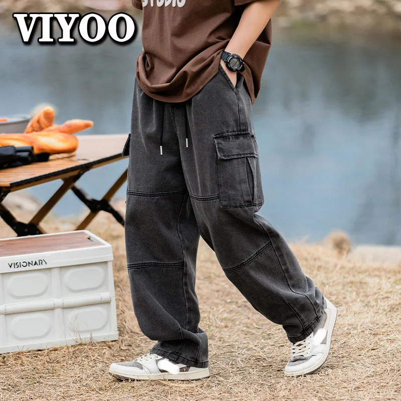 Men\'s HipHop Drawstring Pocket Jeans Baggy Y2K Wide Leg Denim Cargo Pants Streetwear Sweatpants Trousers Harajuk Pants For Men