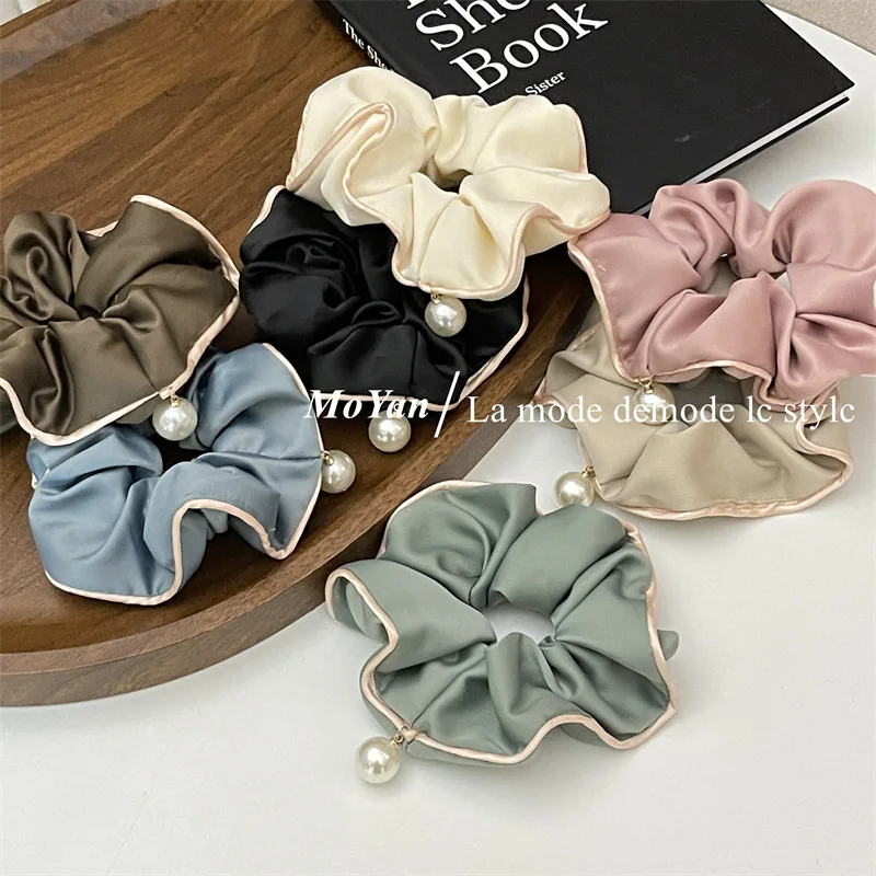 Satin Silk Scrunchies for Hair with Pearls Hairties Elastic Sweet Temperament Fashion Exaggerated Hair Band Hair Accessories