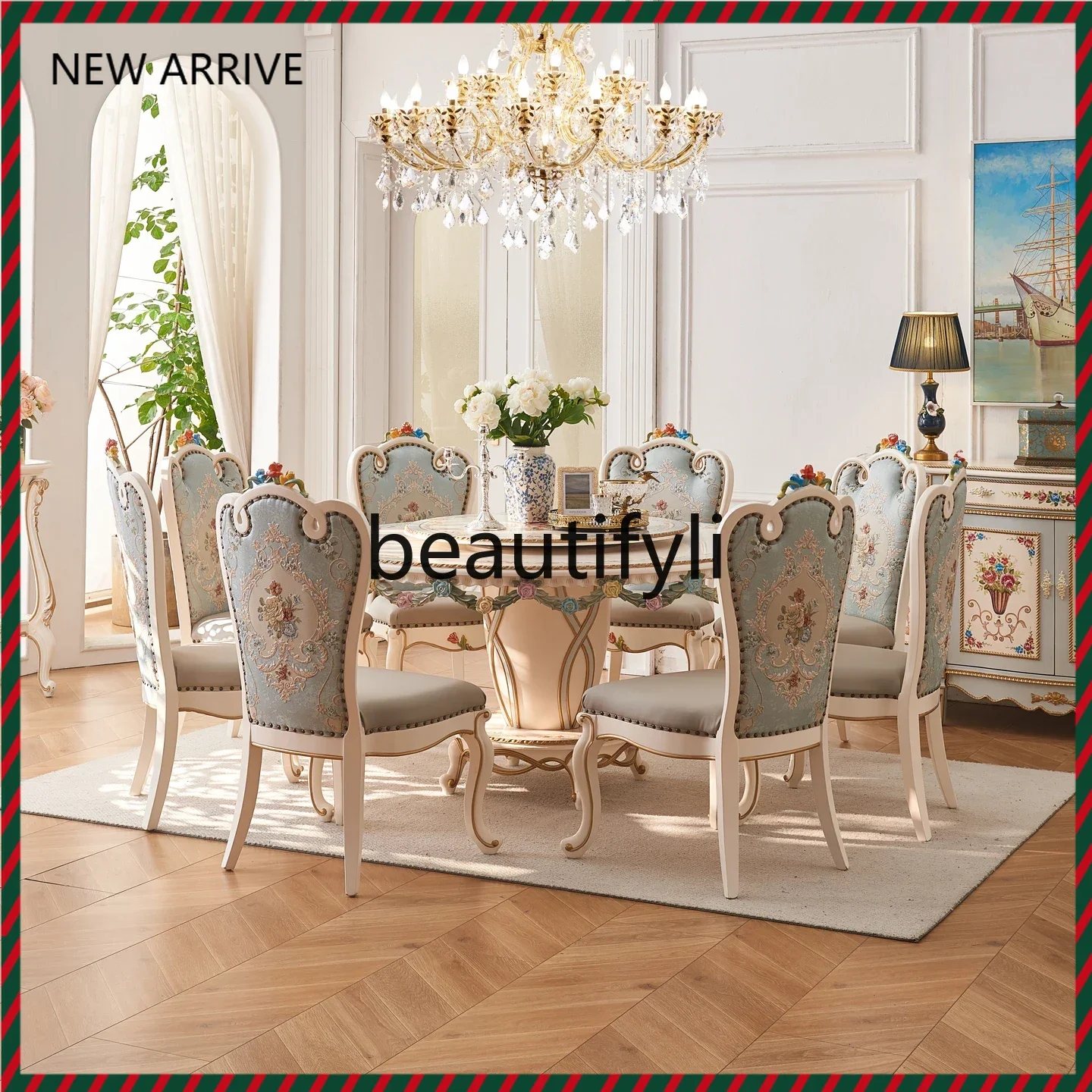 KK32  European French style, villa all solid wood 1.5M with turntable hand-painted flower round dining table and chairs
