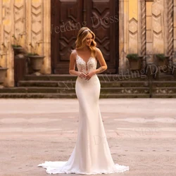 Charming V Neck Satin Wedding Dresses Mermaid Spaghetti Straps Lace Appliques Customized Bride Gowns Backless Sleeveless 2025