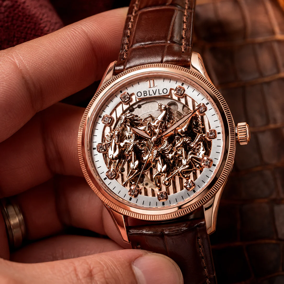 OBLVLO Men's 3D Sculpted Horse Relief Multi-Layer Dial Mechanical Watch with Crocodile Pattern Leather Strap Automatic Timepiece