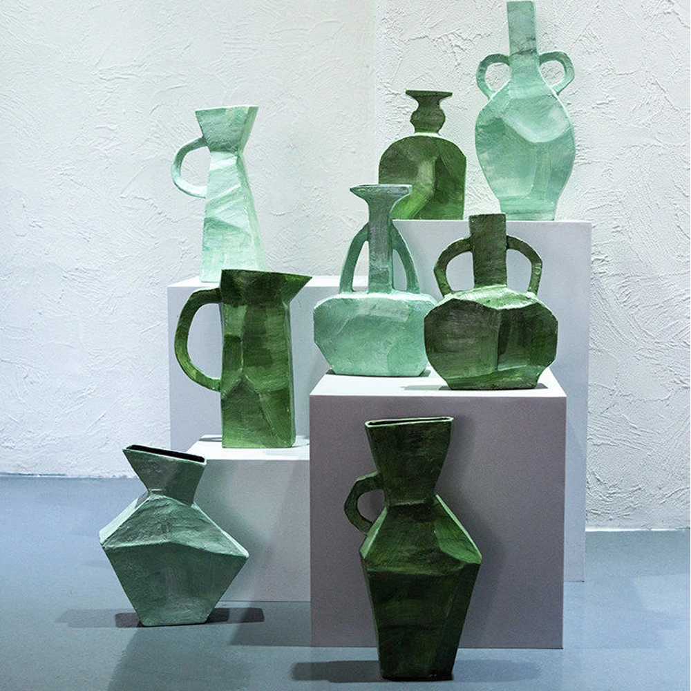 Abstract Geometric Green Vase Irregular Multi-faceted Art Vase Ceramic Hand-painted Decorative Vase Nordic Living Room Ornaments