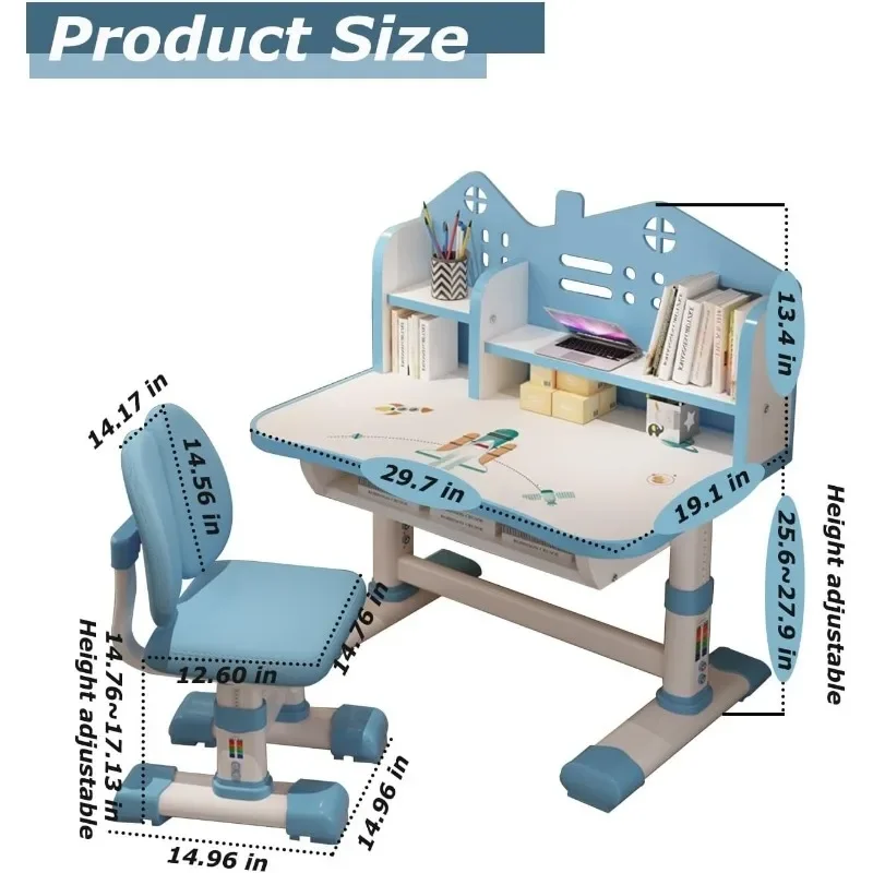 Kids' Desks Chair, Children Study Desk Writing Table Computer Workstation With Large Storage Drawer And Bookshelf, Height