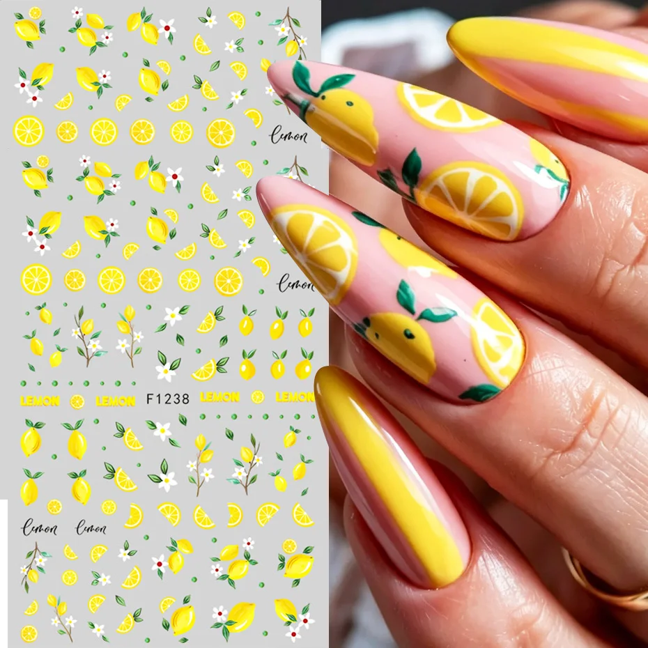 2pcs Yellow Lemon Slice Nail Art Stickers Summer Fruits Lemons Leaves Flowers Decals Kawaii Japanese Style DIY Nail Decoration