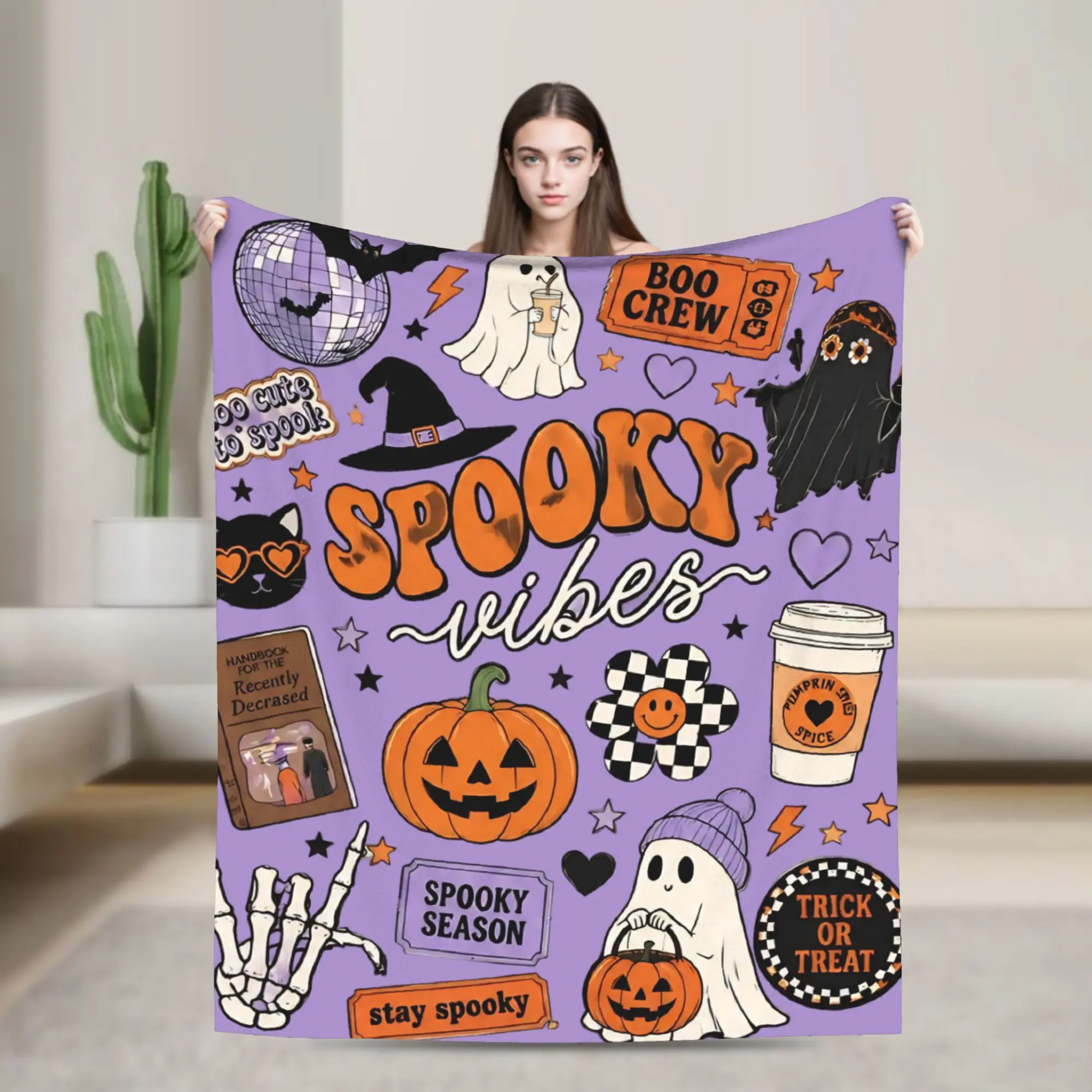 Spooky Vibes Halloween Ghost Pumpkin Fleece Throw Blankets  Blanket for Sofa Bedroom Warm Bedding Throws