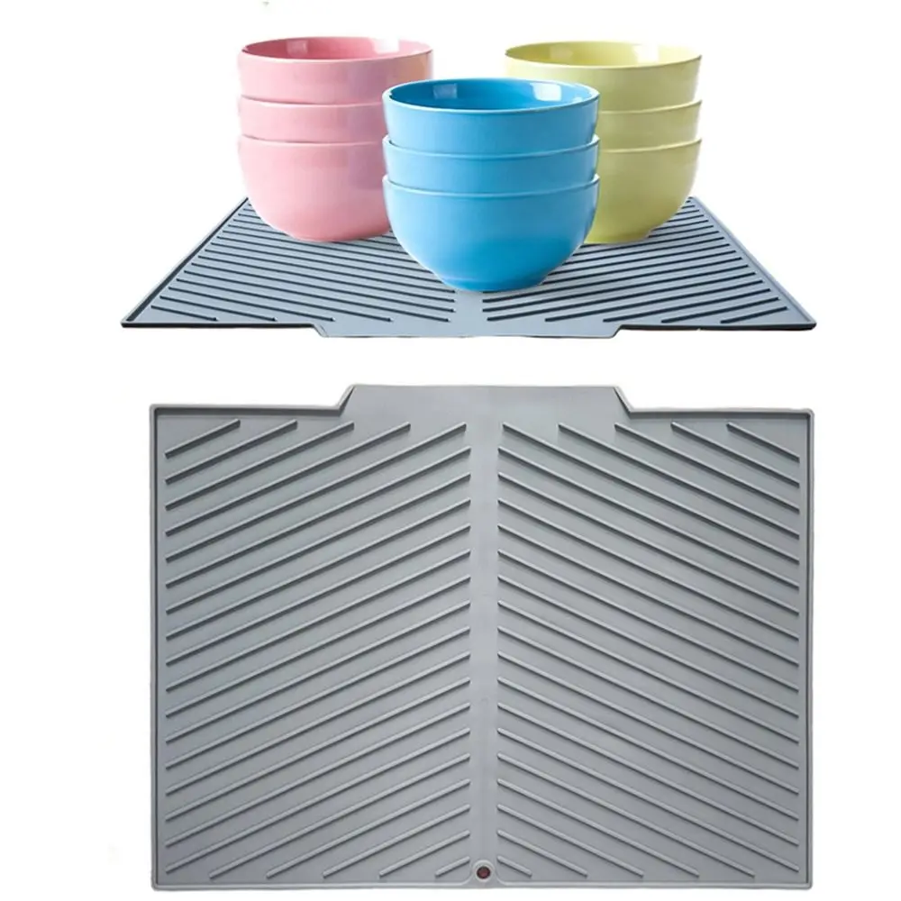 Built-in Drain Lip Dish Drying Mat Protects Surfaces Easy to Clean Hot Pot Holder Trivet Flexible Silicone Cutlery Drying Pad