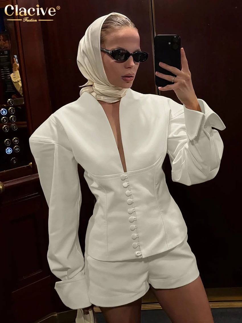 Clacive Fashion Loose Beige Women's Two Pieces Set 2025 Sexy Long Sleeve Shirt With High Waist Shorts Set Female Streetwear