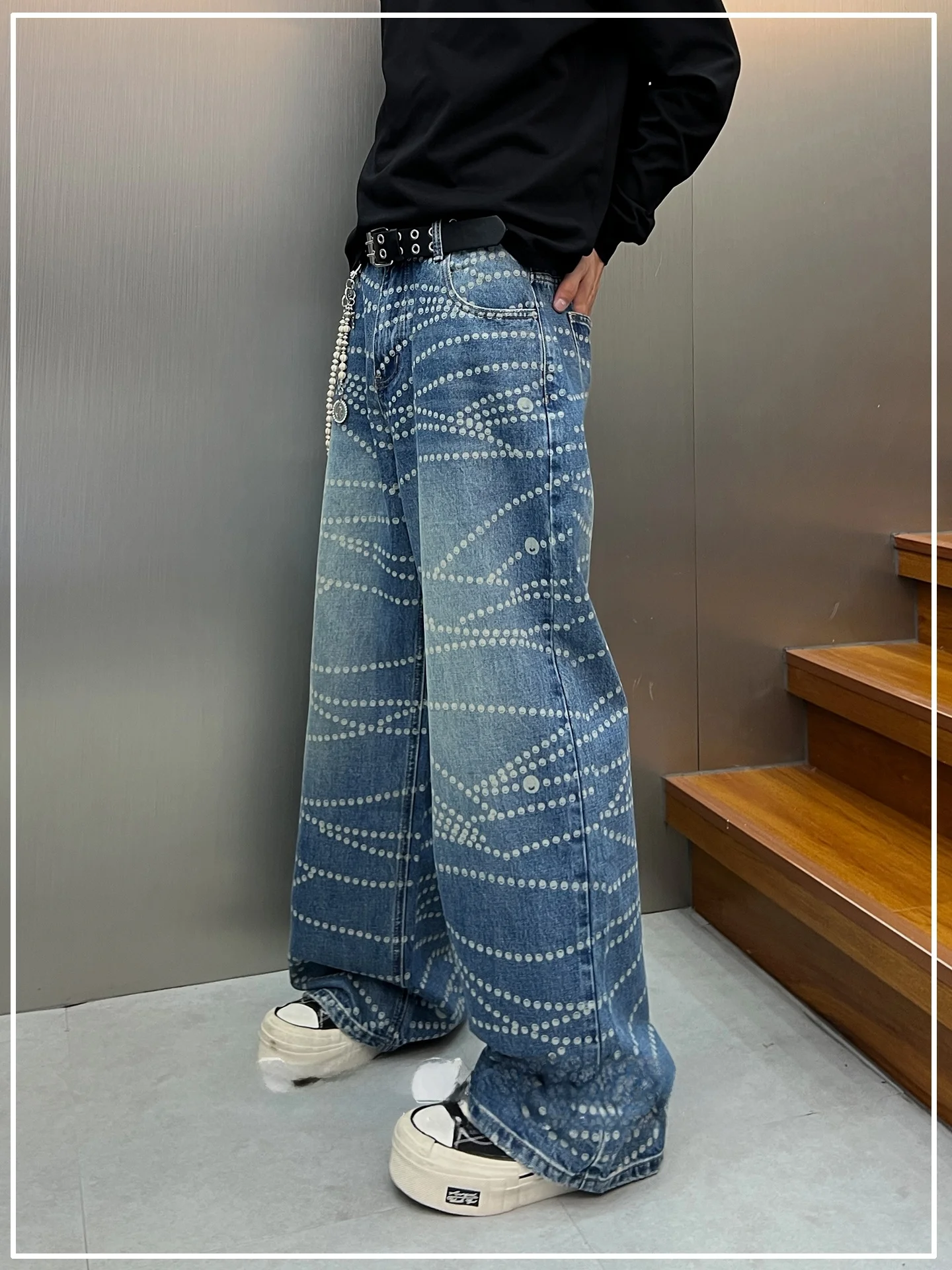 

Original FXK High Street Design Chain Print Straight Leg Loose Wide Leg Jeans Couples Casual Cotton Pants for Men And Women