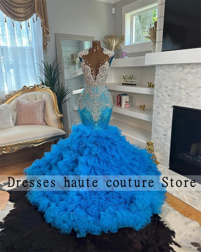 

Blue Ruffles Beaded Crystal Long Prom Dress For Black Girls 2025 Luxury Sequined Birthday Party Dresses Evening Gown Customized