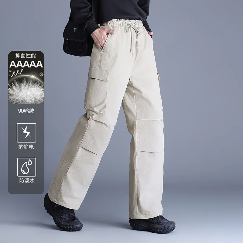 Calça feminina 90% pato branco para baixo, à prova de vento, cintura alta, térmica, bolsos de inverno, carga, caminhadas ao ar livre, PT-660