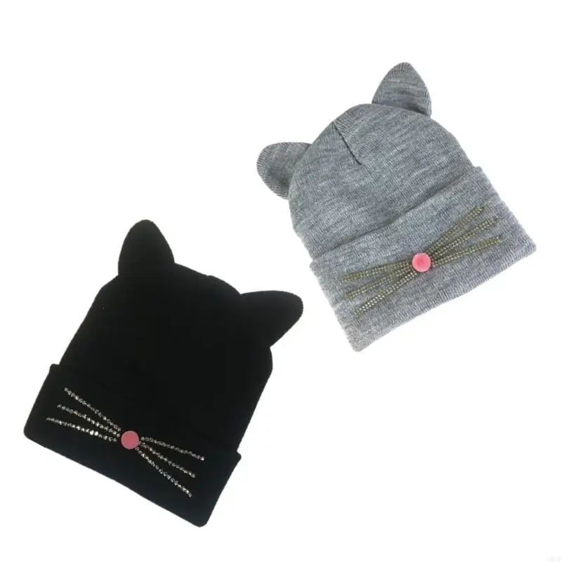 Flashing Diamond Beard Knitted Hat Funny for Cat Ear Knit Beanie Hat Casual Wint