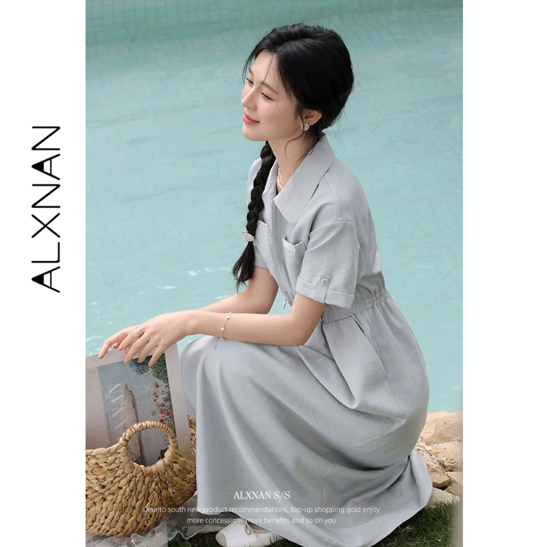 

ALXNAN Light Blue Lapel Shirt Dress Women 2026 Summer Long A-line Elegant Holiday Dresses Office Short Sleeve Clothing L53903