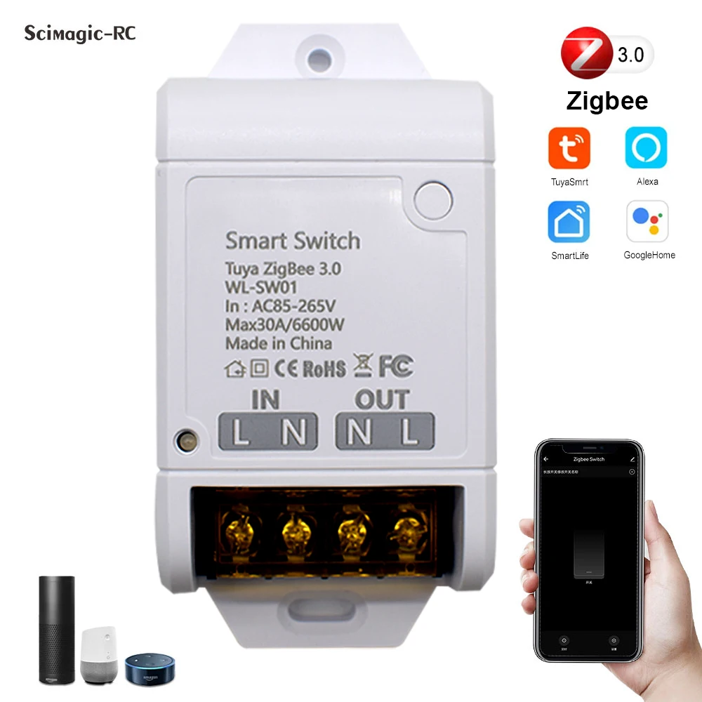 

Smart ZigBee Switch 30A 6600W High Power AC 85-265V Home Automation Module Relay Tuya App Alexa Google Assistant Voice Control