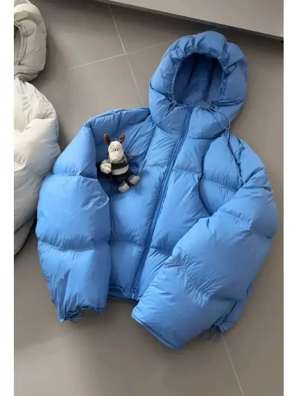 

Korean Style Blue Hooded Puff Cotton Jacket Women's Short Thick Warm Small Size Bread Clothes Outerwear Winter Fashion