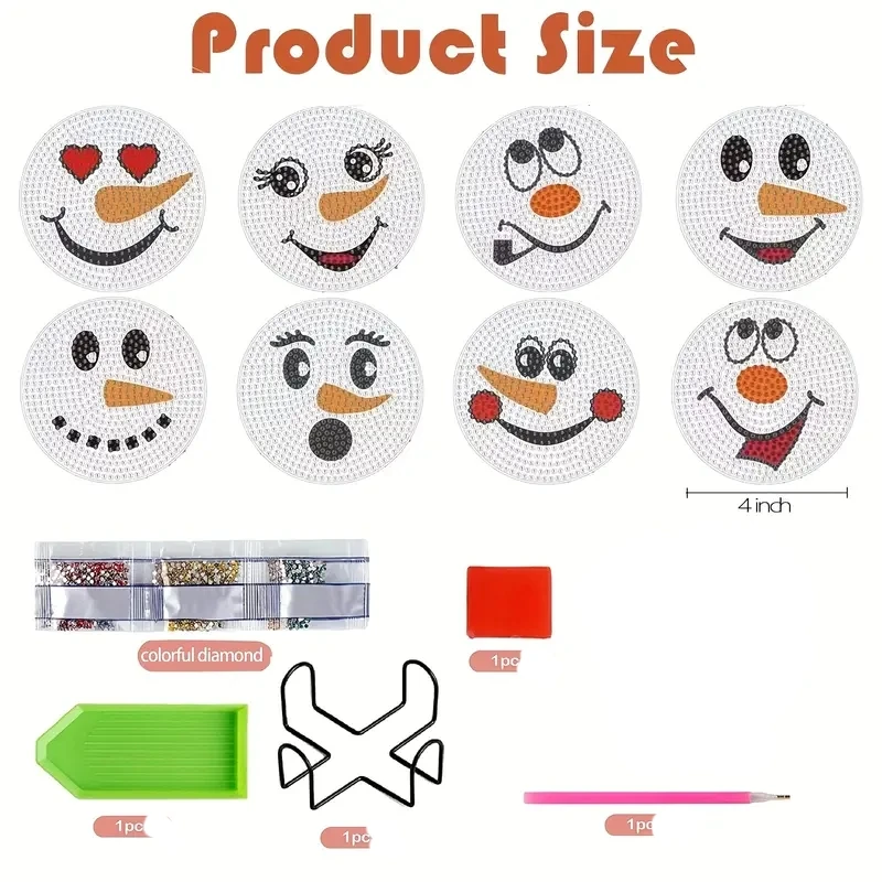 8pcs/Set DIY Diamond Painting Coasters Snowman Anti Slip Wood Cup Mats for Drinks Special Shape Diamond Art Christmas Coasters