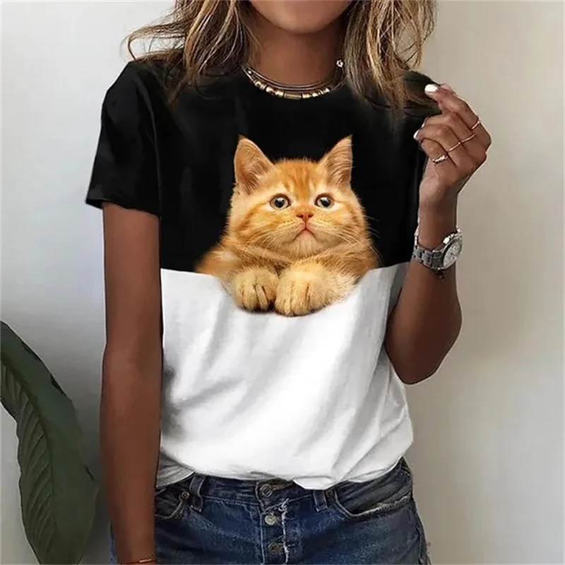 Cute Cat 3D Animel Graphic T ShirtS For Women Casual Fashion Tops Short Sleeve O Neck Tees Breathable Comfortable Female Top