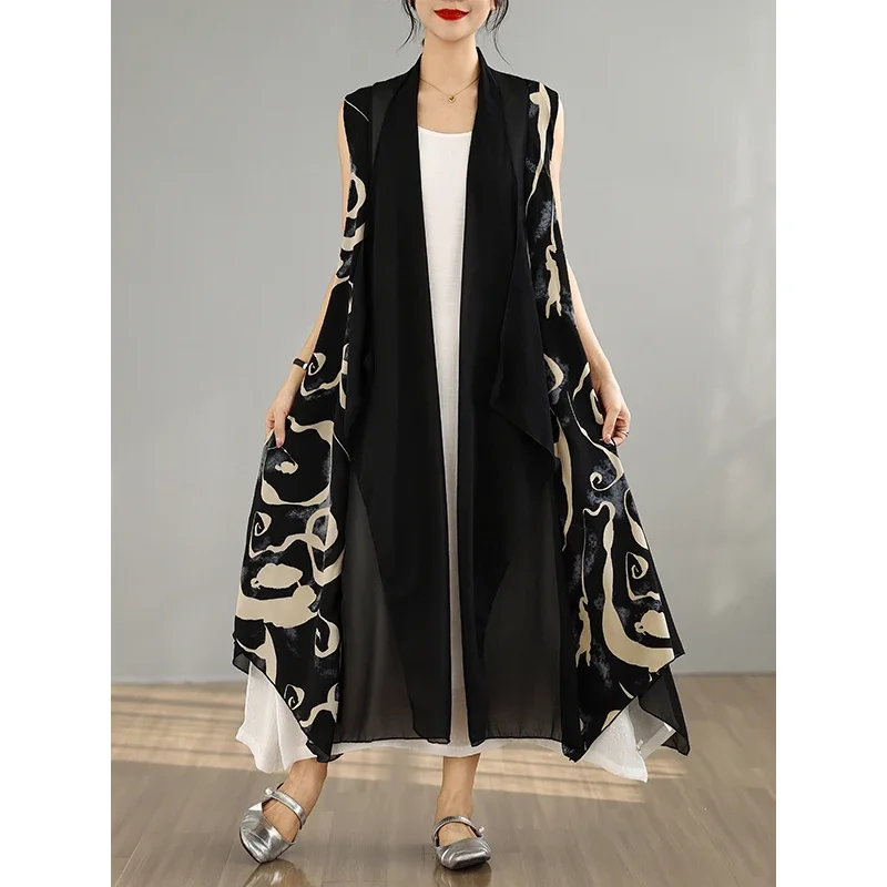

plus Size Summer Slimming Women's Jaet V-Ne Long Svel Top Loose Fit Chiffon Print Splice Asymmetrical Vest