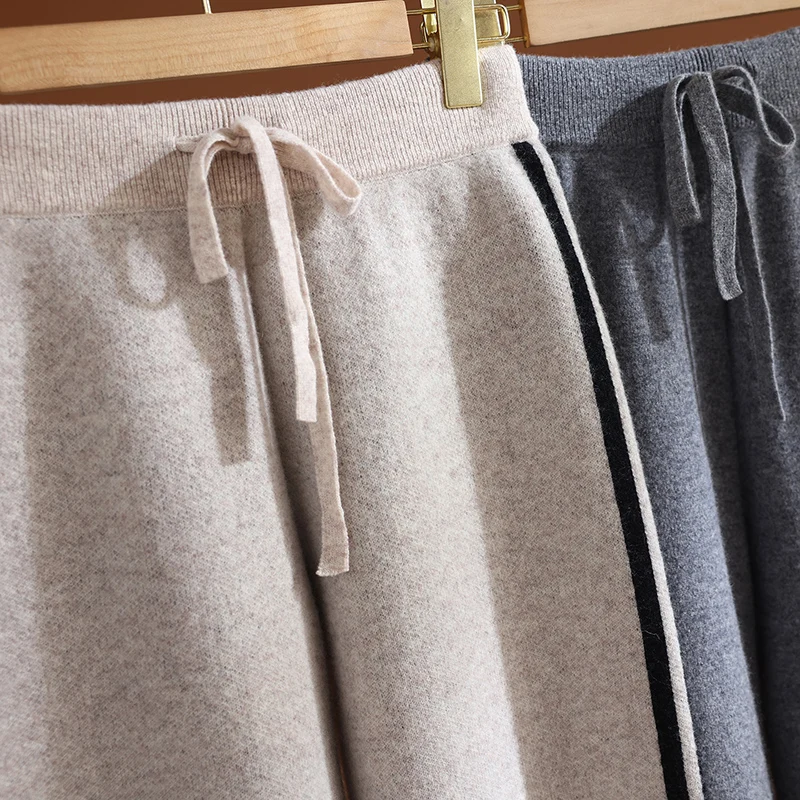 35% cachemire et 65% laine! Pantalon épais élastique à taille large pour femmes, jambes avec rayures latérales, chaud et élégant