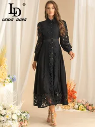 LD LINDA DELLA Autumn Women's Dress Turn-Down Collar Long-Sleeved Single-Breasted Lace Hollow Out Solid Color Dresses