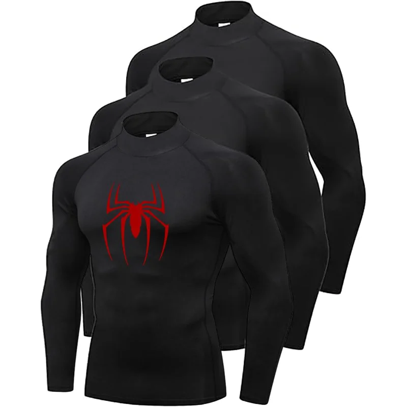 1/3 قطعة رجل ضغط كم طويل تي شيرت الأحمر العنكبوت اللياقة البدنية قمصان رياضية الركض رياضة رياضية سريعة الجافة Rashgards