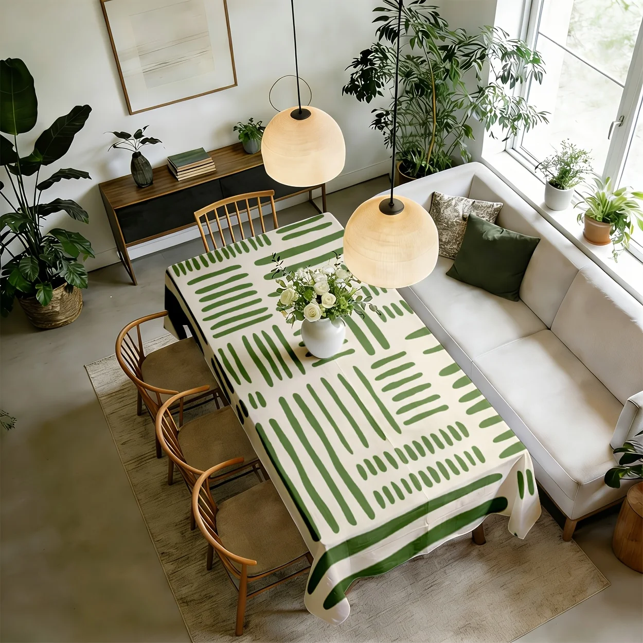 Tischdecke mit 2D-Flachdruck, 1 Stück – Rechteckiger handgezeichneter Streifenstil, olivgrünes Farbschema – Tischdecke.PMJ