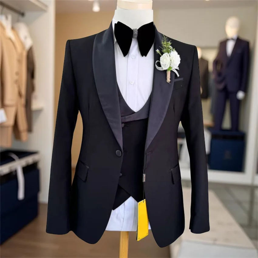 

Black Formal Wedding Tuxedo for Groom 3 Pcs Slim Fit Men Suits for Prom Party Shawl Lapel Groomsmen Suit Jacket with Pants Vest