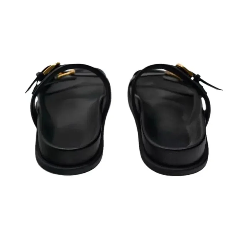 Black Flat Slingback Shoes Female Summer Straps Round Toe Shoes 2024  Sandals Metal Buckle Flat Sandals