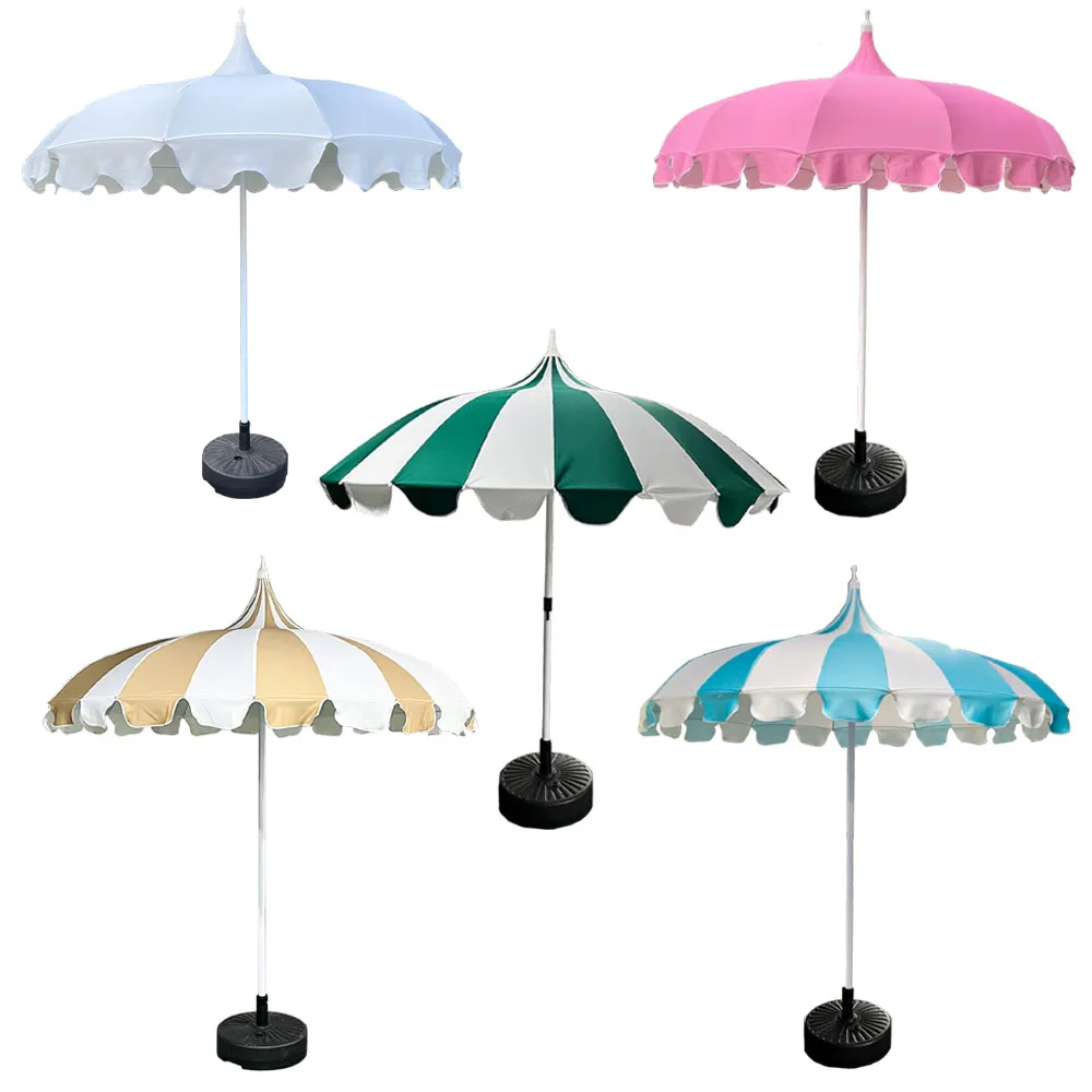 Factory Wholesale Custom Foldable Waterproof Pagoda Umbrella Beach Patio Parasol Wave Fringe Fiberglass Sunshade Hospital Hotel
