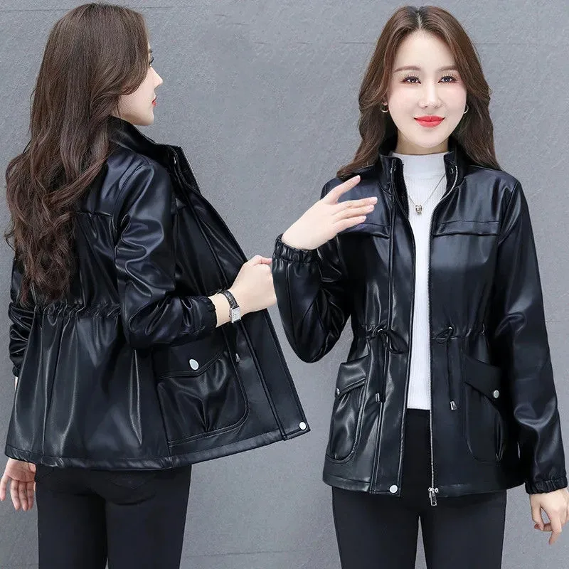 Women\'s PU Leather Jacket New Autumn Stand Collar Leather Coat Female Mid-length Faux Leather Coat Casual Leather Windbreaker