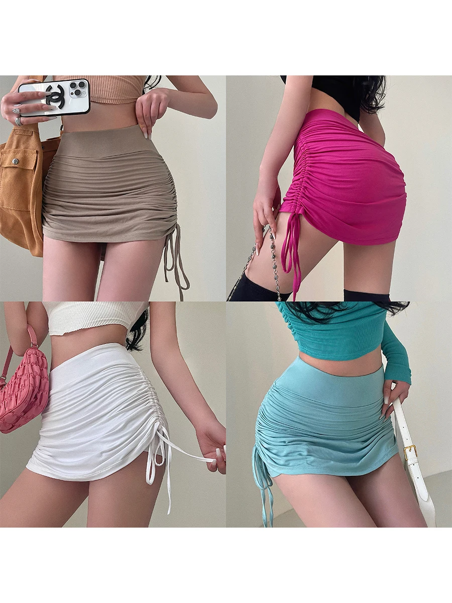Young Girl Day Pure Desire High Waist Tight Fitting Anti-Light Semi-Body Short Skirt with Drawstring Pleats Women's Cotton Mi...