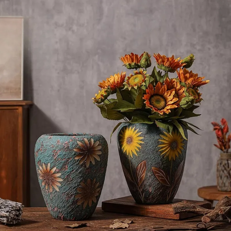 

Керамическая ваза ручной работы с текстурой винтажной масляной живописи, в американском фермерском стиле, для декора стола, для живых и сухих цветов